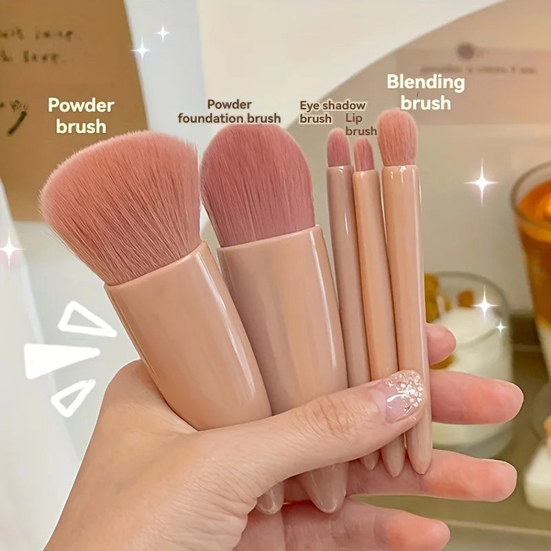 Woman using portable travel makeup brush set for quick touch-ups