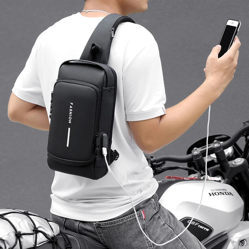 Person wearing unisex anti-theft crossbody bag – secure and stylish travel accessory