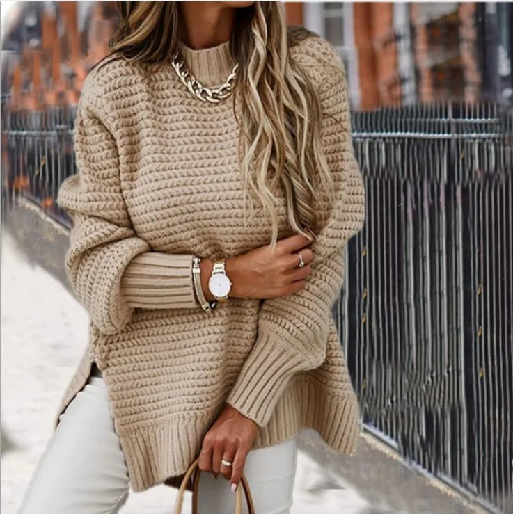 Women’s Loose Split Thick Knit Sweater – Half High Neck Long Sleeve Pullover | Korean Autumn & Winter Fashion Top