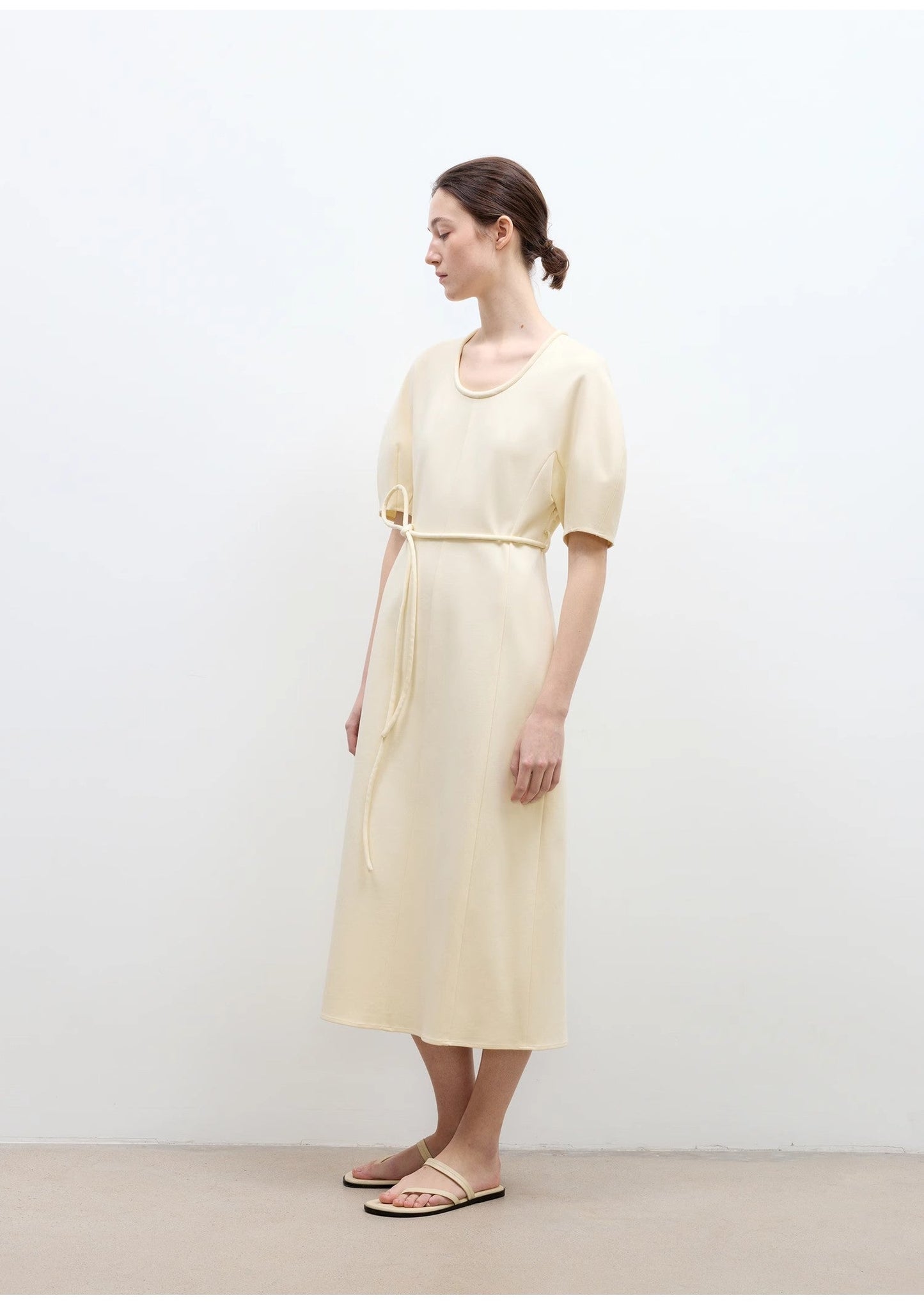“April Story” 3D U-Neck Split-Waist Knitted Dress – Micro-Textured Mercerized Cotton | Elegant Short-Sleeve Curved Skirt Dress for Women