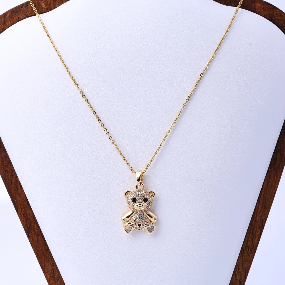 Light Luxury Teddy Bear Pendant Necklace – Micro-Inlaid Crystal Titanium Steel Jewelry for Women | Fashionable & Versatile Gift