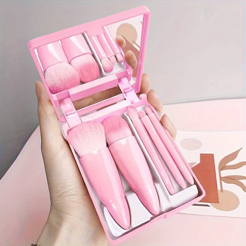 Woman using portable travel makeup brush set for quick touch-ups