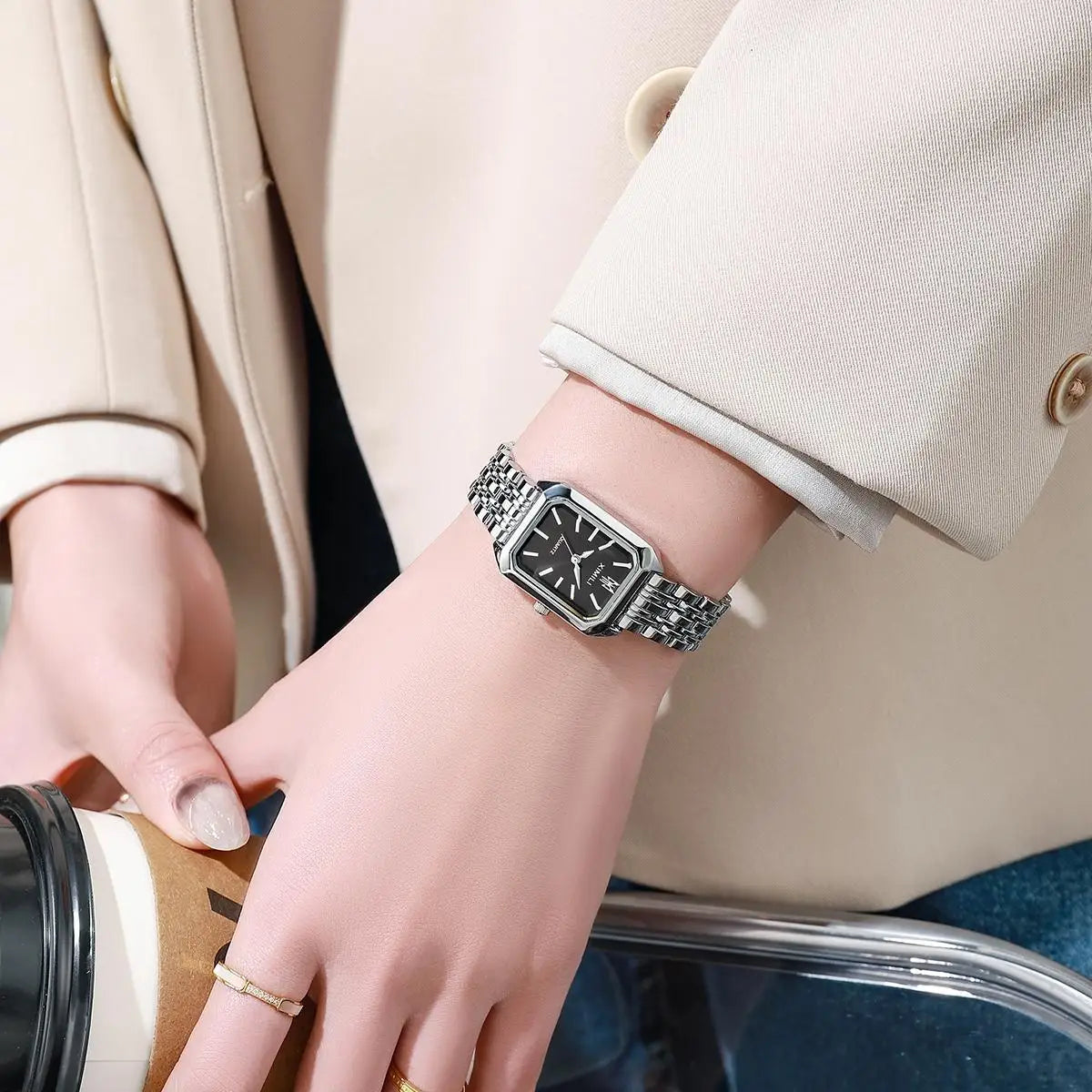 Luxury Gold-Plated Women’s Quartz Watch – Elegant Square Dial Stainless Steel Bracelet, Classic Business Fashion Timepiece