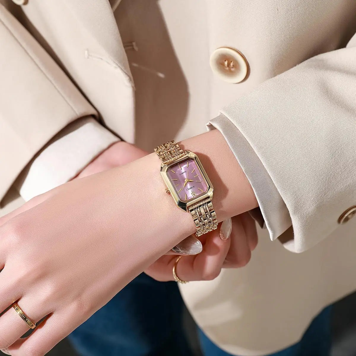 Luxury Gold-Plated Women’s Quartz Watch – Elegant Square Dial Stainless Steel Bracelet, Classic Business Fashion Timepiece