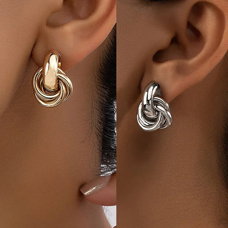 -pair gold and silver knot hoop earring set for women – shiny plated trendy jewelry