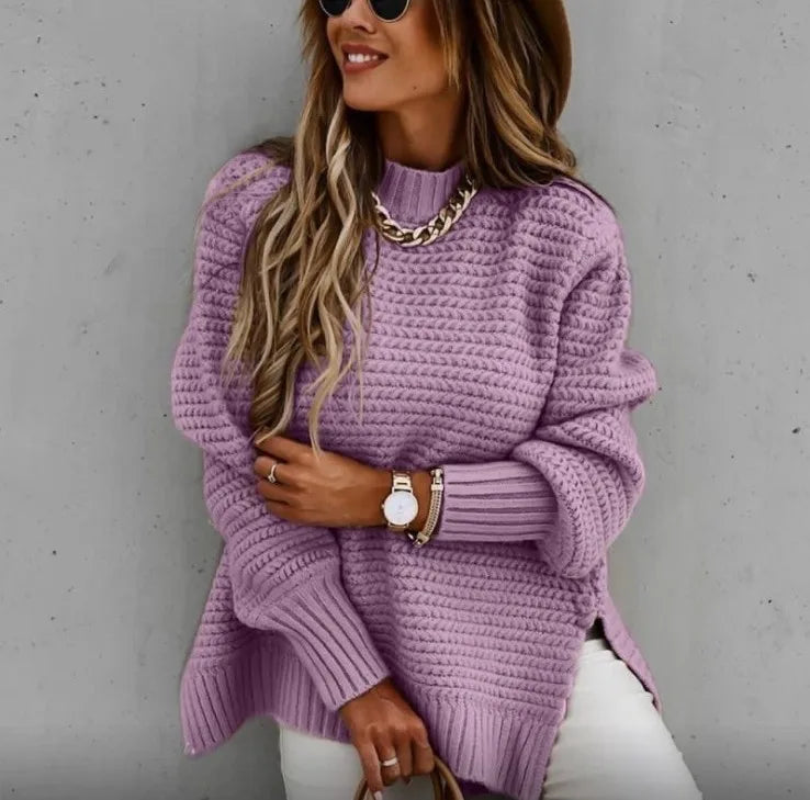 Women’s Loose Split Thick Knit Sweater – Half High Neck Long Sleeve Pullover | Korean Autumn & Winter Fashion Top