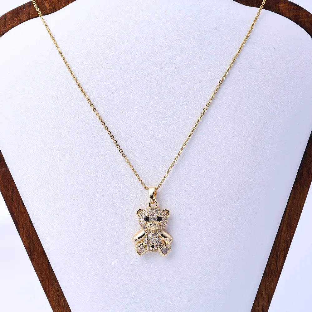 Light Luxury Teddy Bear Pendant Necklace – Micro-Inlaid Crystal Titanium Steel Jewelry for Women | Fashionable & Versatile Gift