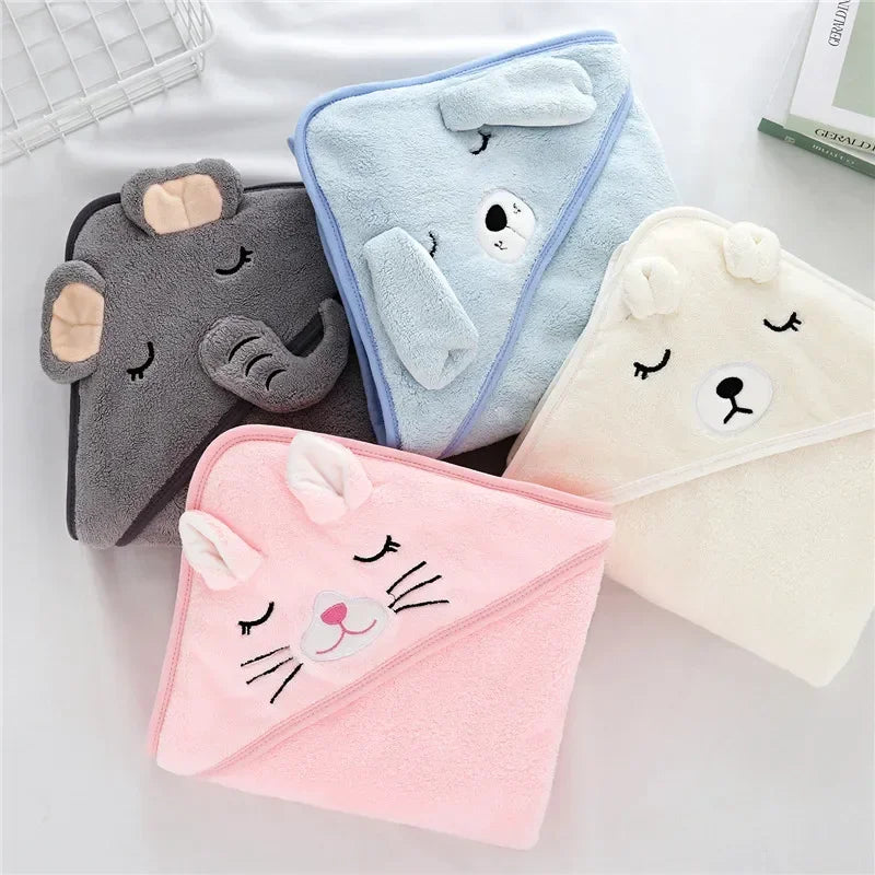 Soft coral fleece texture with cute animal hood – warm and absorbent baby towel