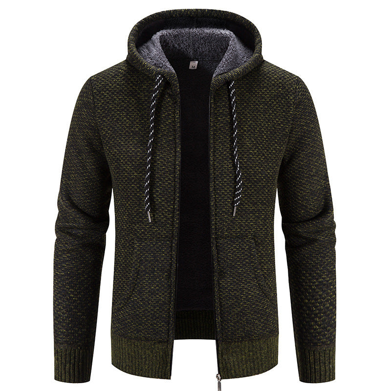 Soft wool-like plush lining inside hooded winter jacket – zipper and drawstring details