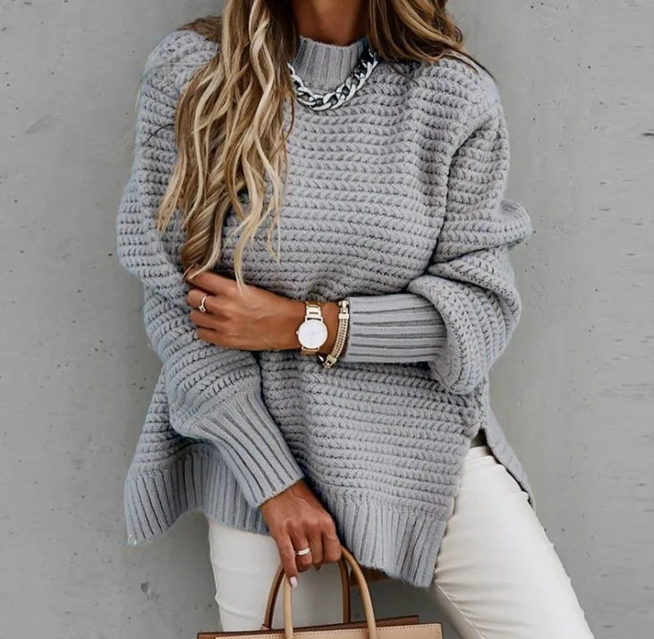Women’s Loose Split Thick Knit Sweater – Half High Neck Long Sleeve Pullover | Korean Autumn & Winter Fashion Top