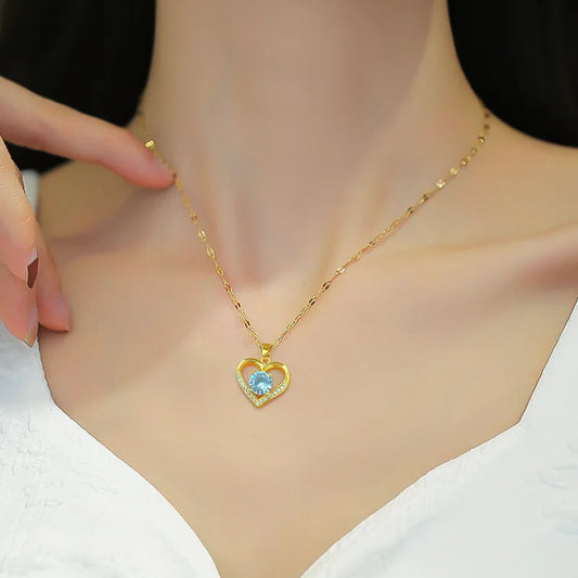 Artificial Gems Heart Pendant Necklace for women 2024 Golden Stainless Steel Lips Neck Chain Female Necklaces Jewelry for Girl