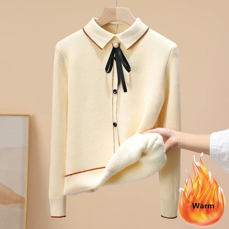 Women’s Plus Velvet Thick Polo Collar Sweater – Warm Knitted Pullover | Korean Winter Casual Slim Fit Jumper