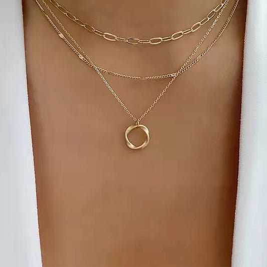 Gold Multi-Layered Chain Necklace for Women – Circle Pendant Vintage Fashion Jewelry Gift by IPARAM