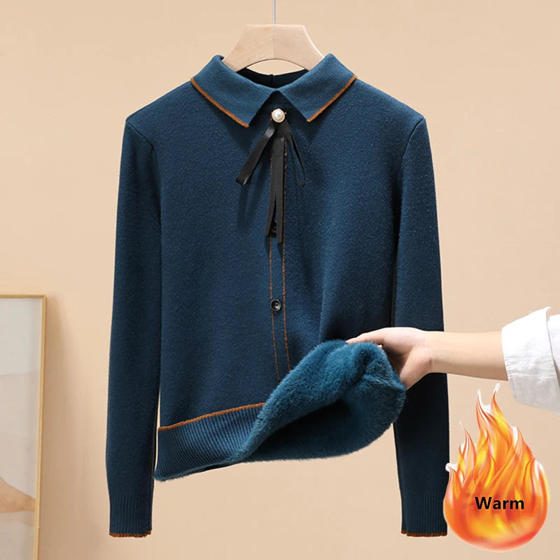 Women’s Plus Velvet Thick Polo Collar Sweater – Warm Knitted Pullover | Korean Winter Casual Slim Fit Jumper