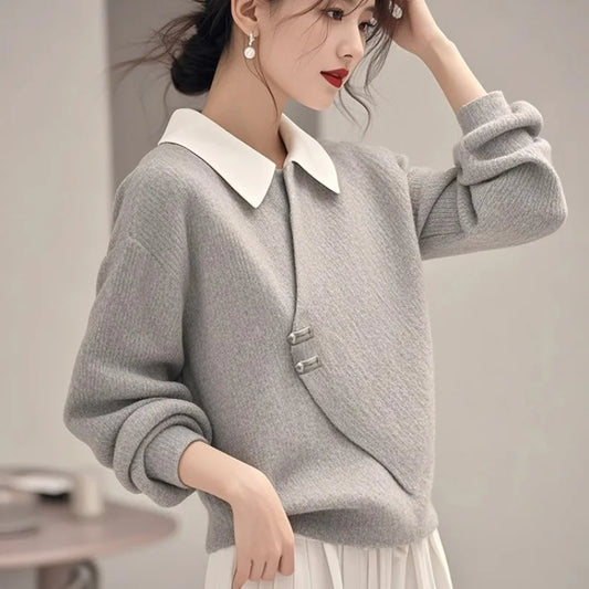 Women’s gray fake two-piece sweater – Korean fashion office casual knit top