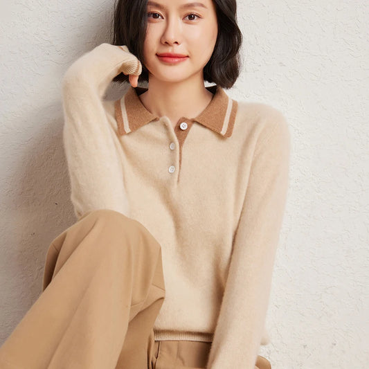 Women’s cashmere wool polo sweater – contrast color knit pullover for autumn winter