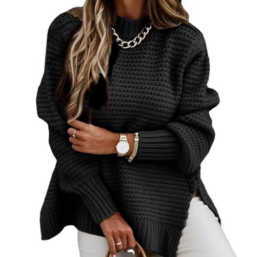 Women’s loose black thick knit sweater – Korean fashion half high neck pullover