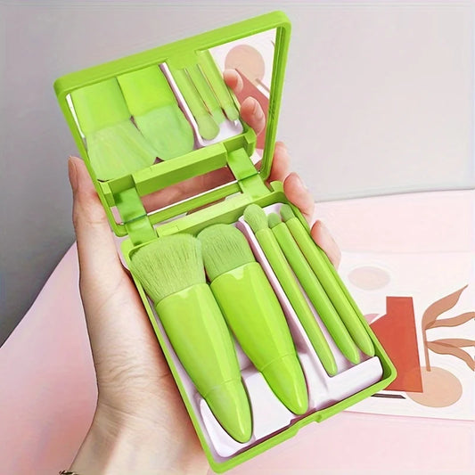 5-piece portable makeup brush set with mirror – foldable travel beauty kit