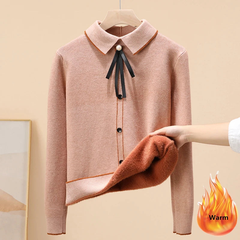 Women’s Plus Velvet Thick Polo Collar Sweater – Warm Knitted Pullover | Korean Winter Casual Slim Fit Jumper