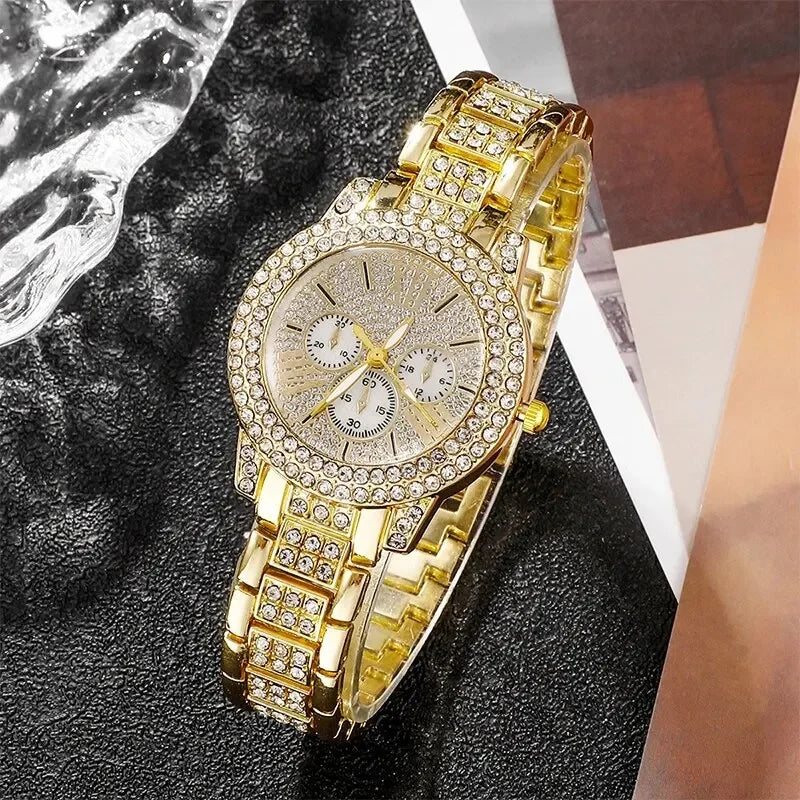 Women's Quartz Watch Gold Luxury Women Ring Necklace Earring Rhinestone Fashion Wristwatch Casual Ladies Watches Jewelry Set ﻿