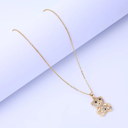 Light luxury teddy bear pendant necklace with micro-inlaid crystals for women.