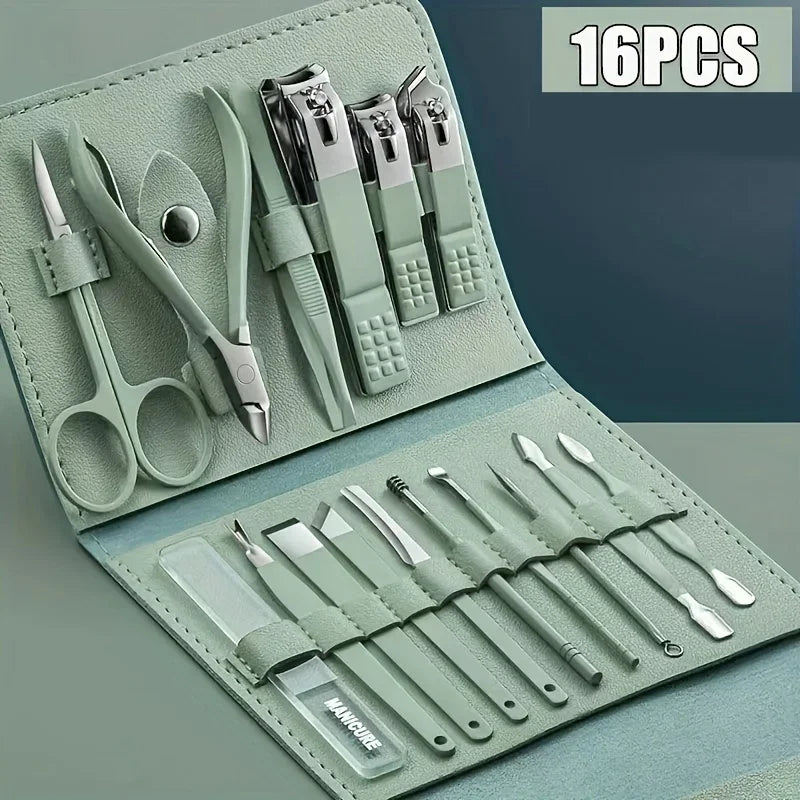 16pcs Professional Nail Clippers and Cuticle Nippers Set With Leather Portable Case Idea Gift,Manicure Set Full Function